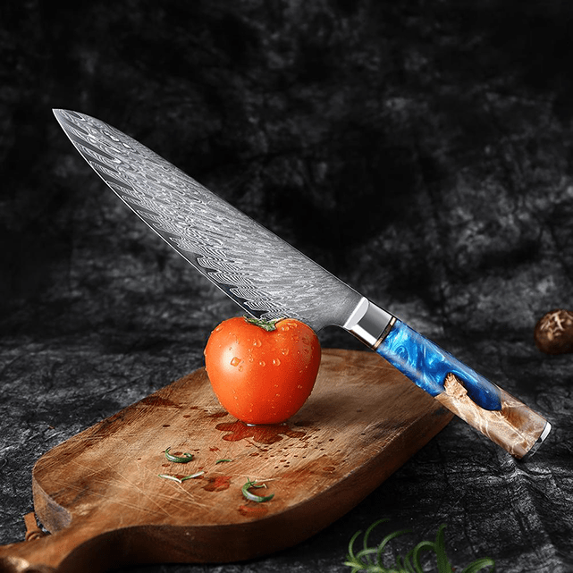 Japanese Damascus Kitchen Knife Set, Ergonomic Red Resin Wood Handle