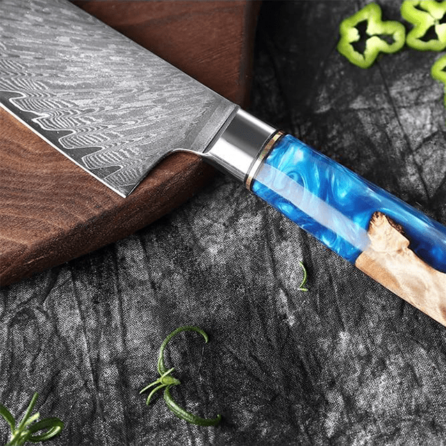 Japanese Damascus Steel Knives with Blue Resin Infused Wood Handle –  KanazawaKnives