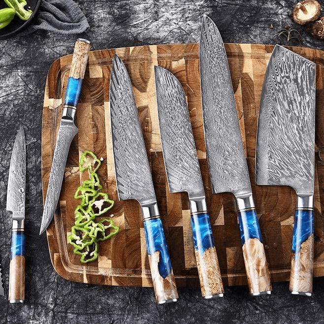 Damascus Chef Knife Set. Professional Japanese High Carbon Steel. 7Cr17mov  Blade. Ergonomic comfort Woden Handle. 7 Inch